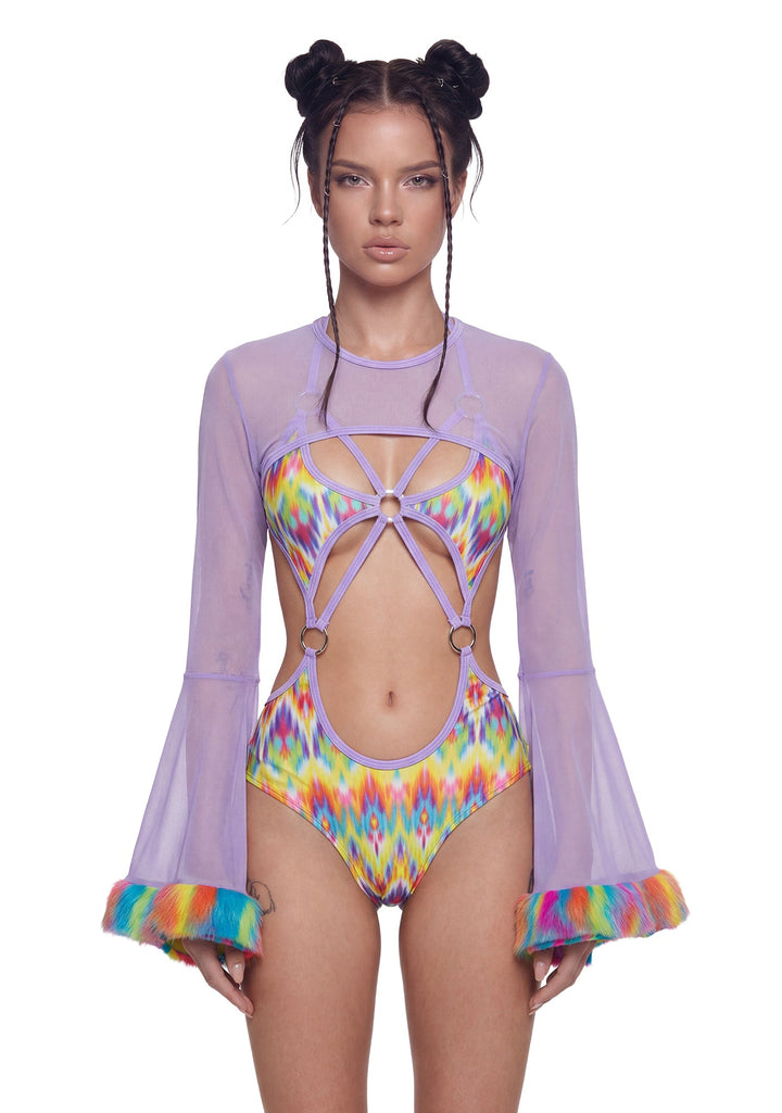 Neon Pop Faux Fur Trimmed Mesh Shrug