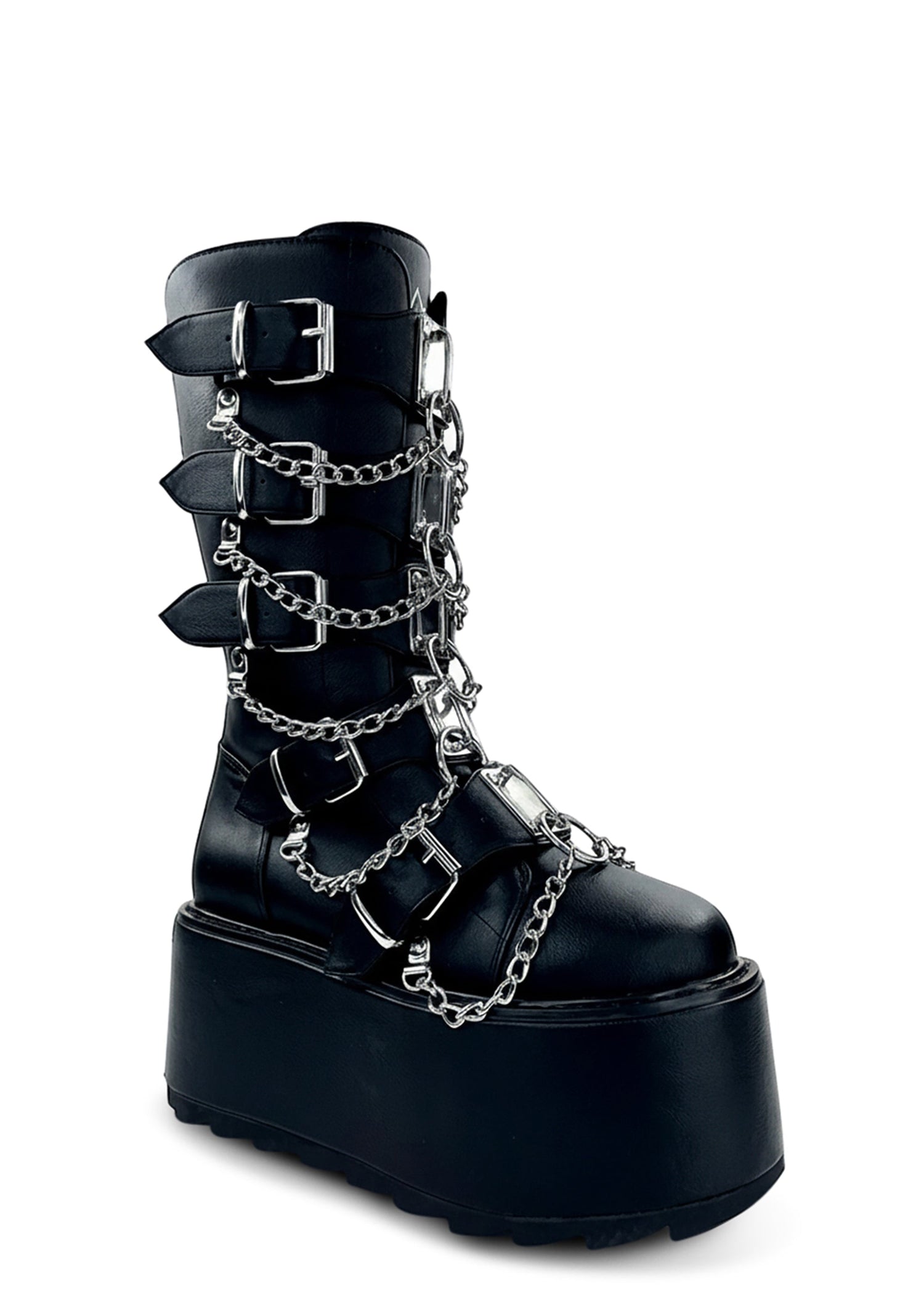 Glitch Buckle Mid Calf Platform Boots - Black