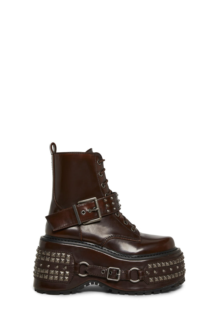 Siren Studded Hardware Combat Platform Boots - Brown