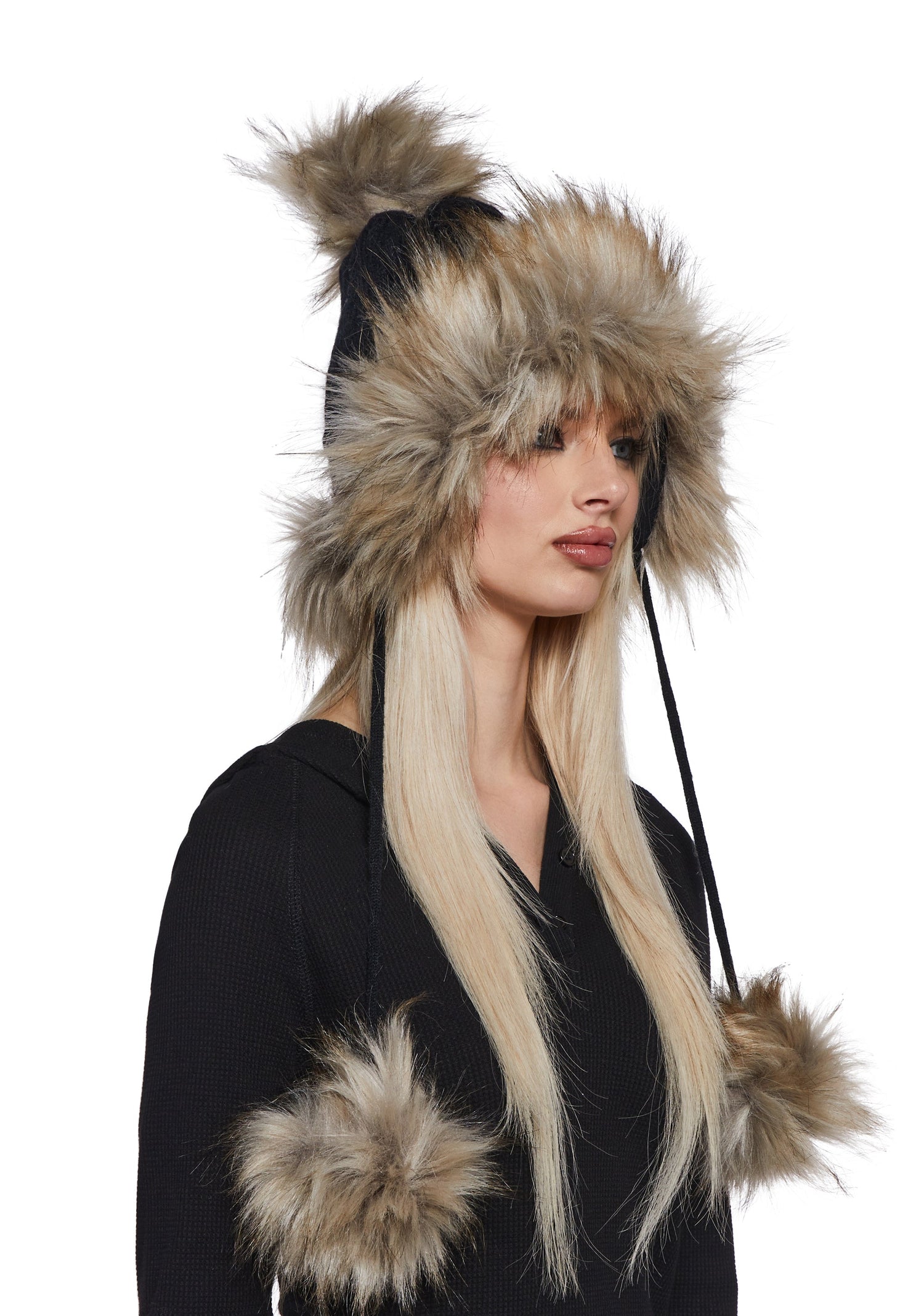 Bubble Pop Faux Fur Hat With Pom Poms - Black
