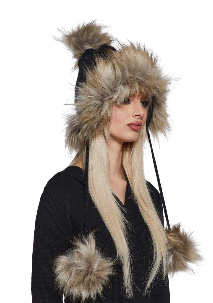 Bubble Pop Faux Fur Hat With Pom Poms - Black