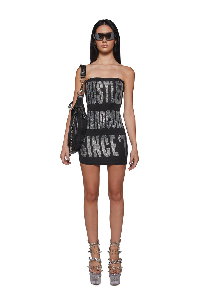 Logo Rhinestone Strapless Mini Dress