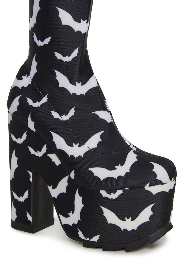 Labyrinth Bats Thigh High Platform Boots - Black/White