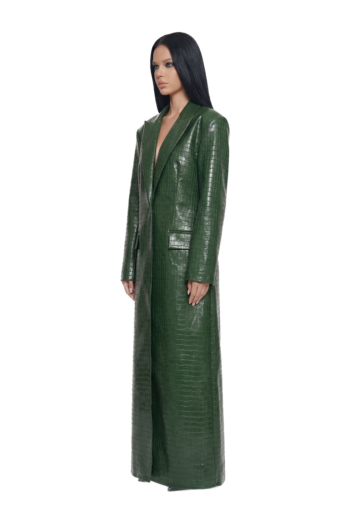 Croc Leather Elongated Blazer Coat - Green