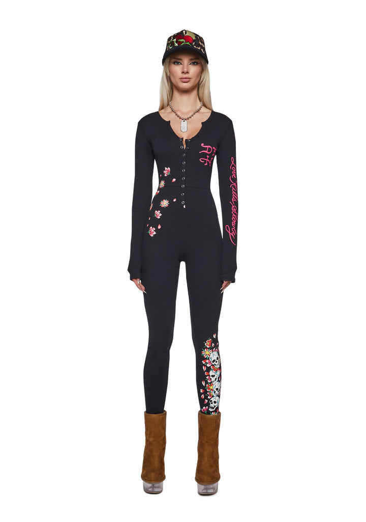 Flower Skull Long Sleeve PJ Onesie - Black