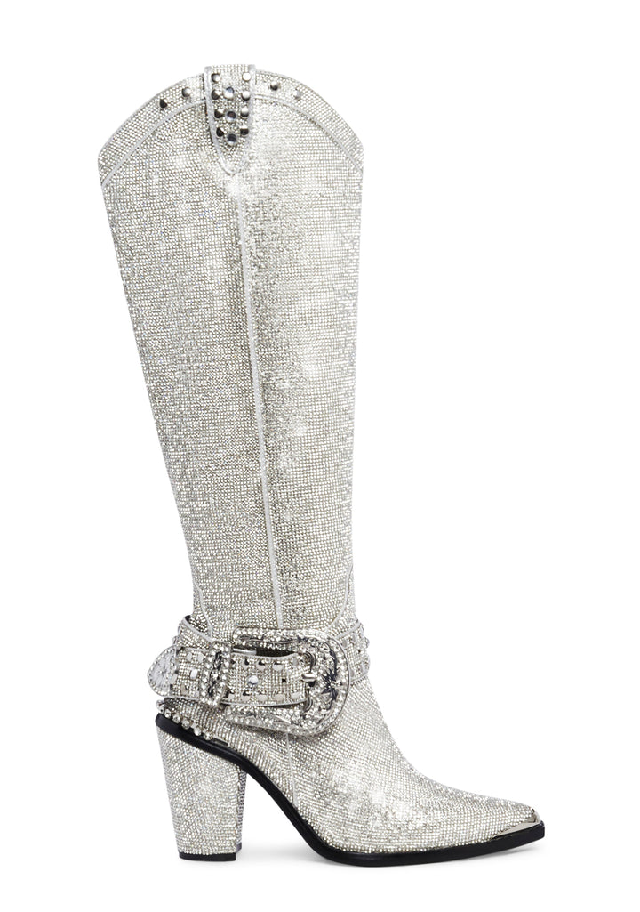 Sharp Sheriff Shine Knee High Boots - Silver